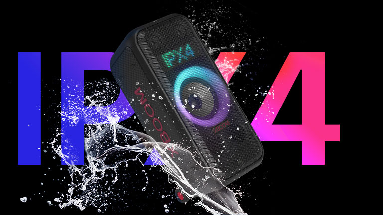 LG XL7S Diagonal view of the speaker. Water is sprayed over the product, in order to emphasize IPX4 rating.A word 'IPX4' is written behind for design purpose.