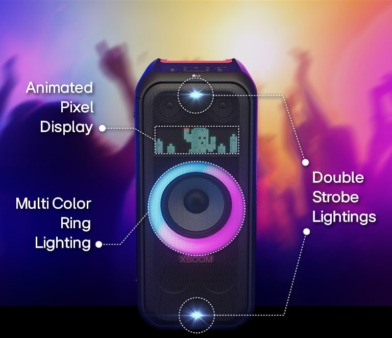 LG XL7S Front view of the speaker. There is a line to inform each part of the lighting. On top and bottom, double strobe lighting. In the middle, pink and cyon gradient multi color ring lighting is on. Above is dynamic pixel lighing, displaying cactu character.