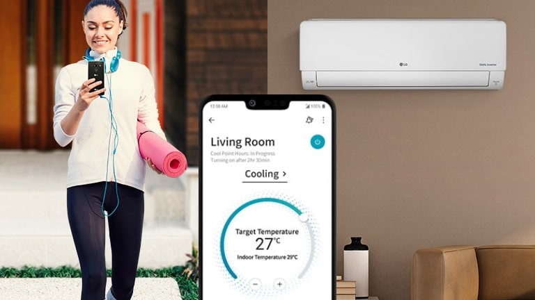 Using a smartphone to control the air conditioner outside.