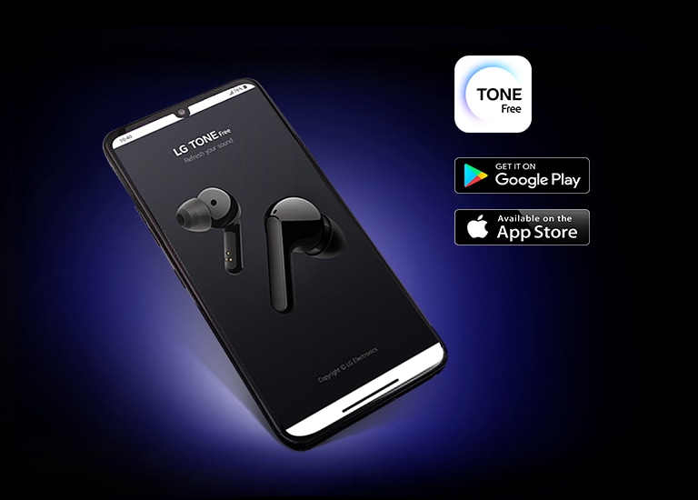 A smartphone showing the LG TONE Free App against a dark background. App icons are shown on the right.