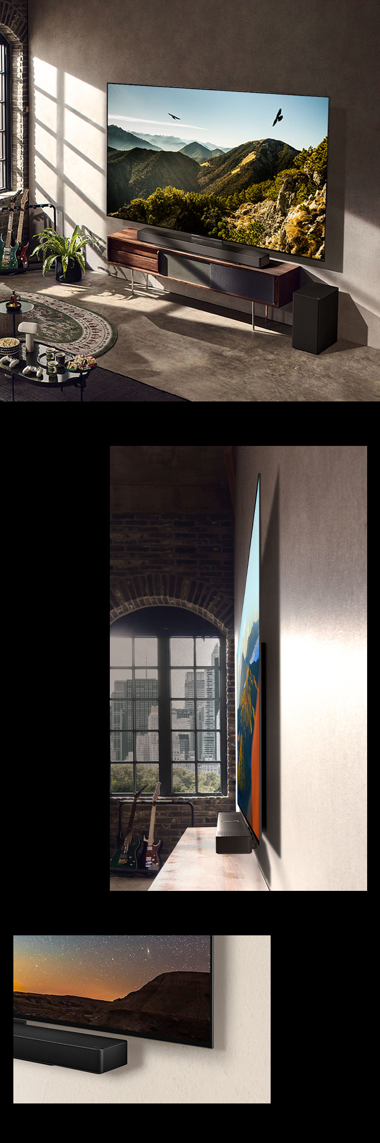 An image of LG OLED C3 with a Soundbar on the wall in an artistic room. A side view of LG OLED C3's thin dimensions in front of a window overlooking a cityscape. The bottom corner of LG OLED C3 and Soundbar.