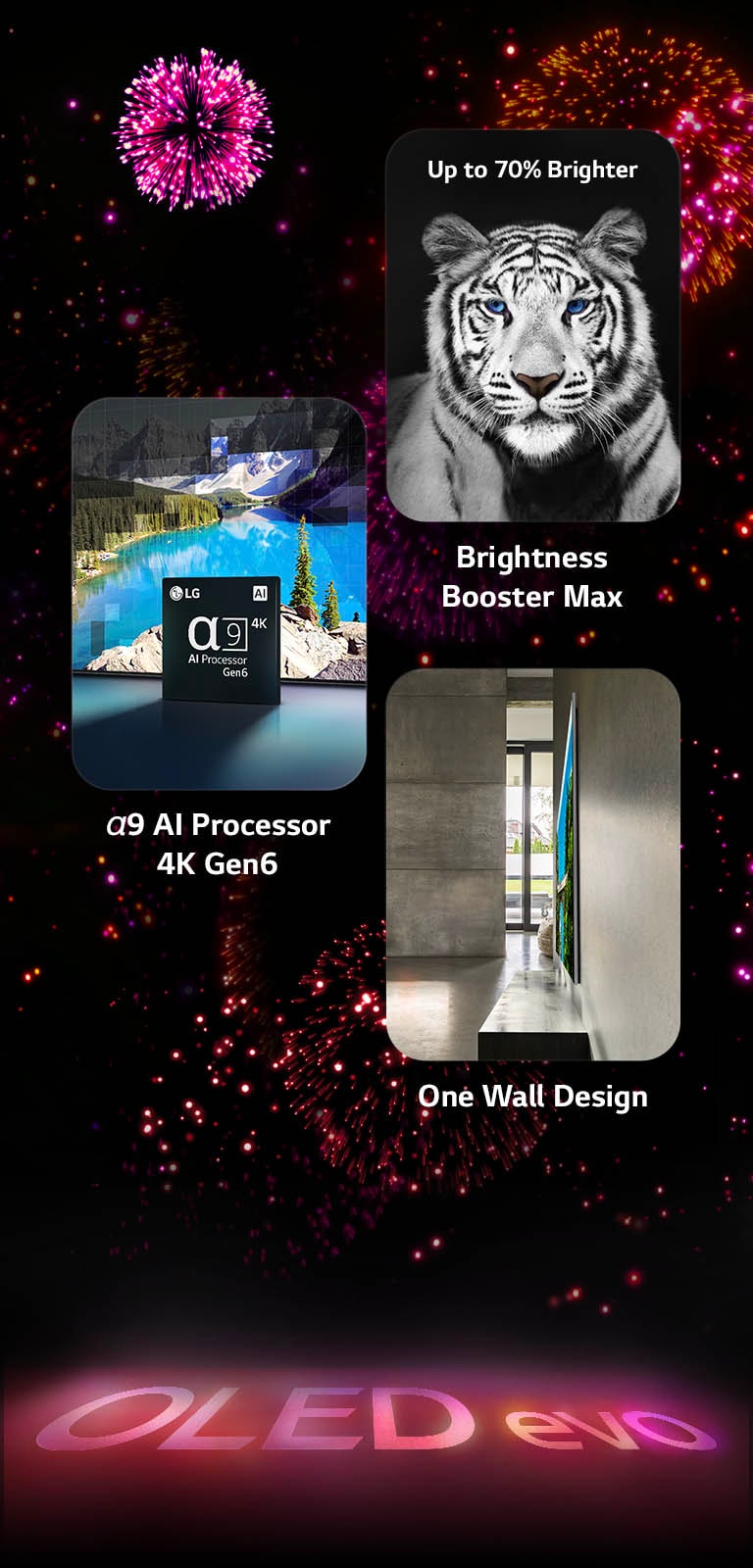An image presenting the key features of the LG OLED evo G3 against a black background with a pink and purple firework display. The pink reflection from the firework display on the ground shows the words "OLED evo." Within the picture, an image depicting the α9 AI Processor 4K Gen6 shows the chip standing before a picture of a lake scene being remastered with the processing technology. An image presenting Brightness Booster Max shows a tiger with deep contrast and bright whites. An image presenting One Wall Design shows LG OLED evo G3 flush against the wall in a grey industrial living space.