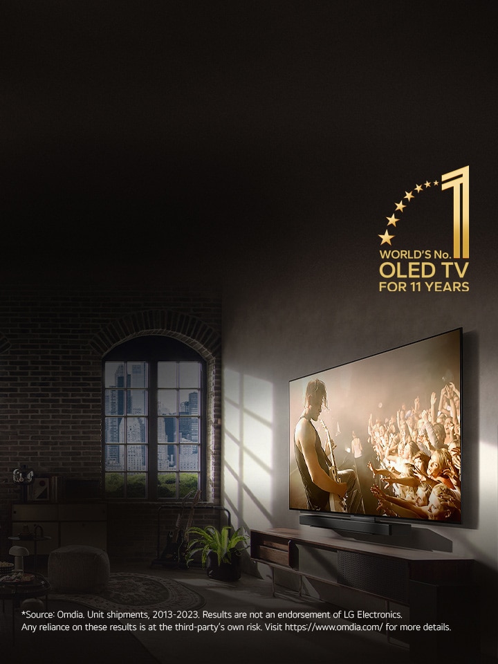 An image of LG OLED C3 and a Soundbar on the wall of a city apartment with a music concert playing on screen. The "11 Years World's No.1 OLED TV" logo is also in the image. 