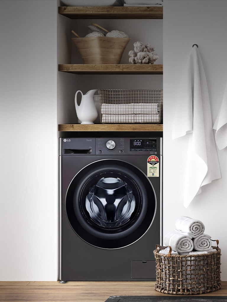 This is an image of a washing machine placed in a laundry room.