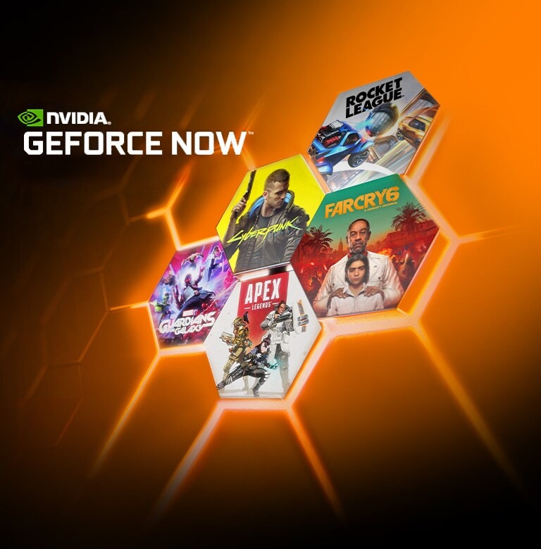 Si vedono tante piccole immagini di giochi diversi di NVIDIA GeForce NOW inclusi Rockey League, Farcry 6, Apex Legends, ecc. Nell’angolo superiore sinistro è posizionato il logo NVIDIA GeForce Now. 