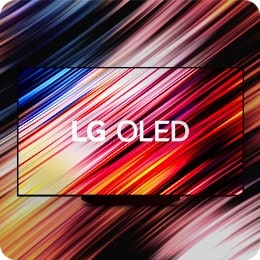 Delle strisce colorate, mostrate sullo schermo LG OLED, si espandono dal televisore allo sfondo.