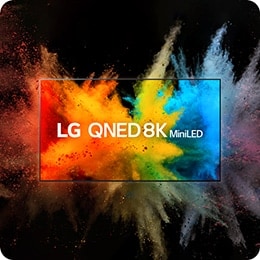 Il logo TV e LG QNED 8K Mini LED è posizionato al centro: la polvere colorata esplode all’interno del monitor TV e fuoriesce a sua volta dal telaio. 