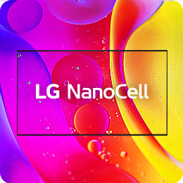 Il logo TV e LG NanoCell è posizionato al centro: sullo schermo NanoCell appare un motivo colorato formato da grandi gocce. 