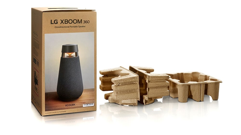 Immagine della confezione di XBOOM 360 XO3, realizzata con un imballaggio in cellulosa ecologico.