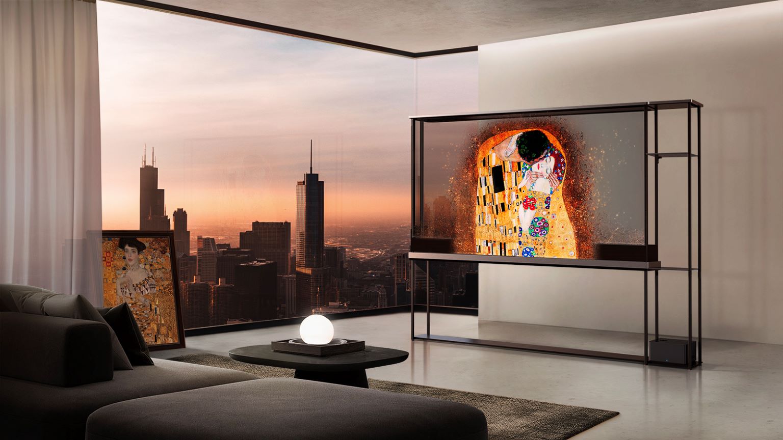 Tv trasparente LG wireless: l’immagine del TV LG SIGNATURE OLED T in un salotto. 