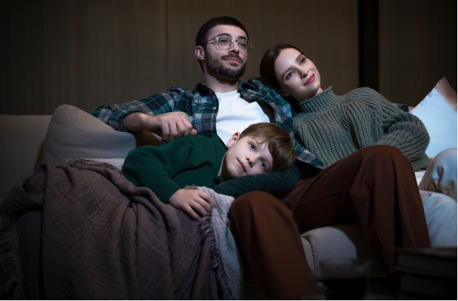Serata cinema a casa: immagine famiglia sul divano che guarda un film
