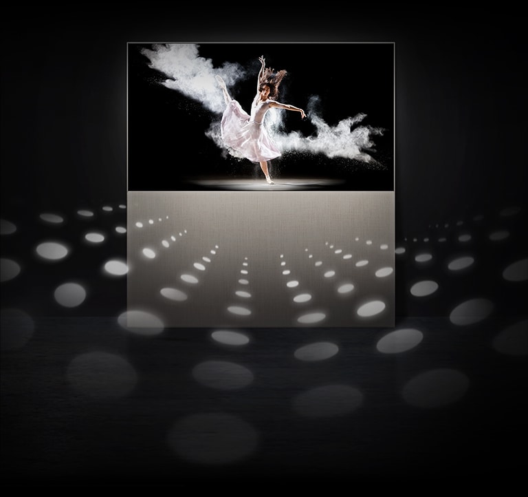EASEL visto in Full View con una ballerina sullo schermo. Il TV emette dei cerchi che rappresentano delle note musicali per mostrare che l’audio è sufficientemente potente da riempire la stanza.