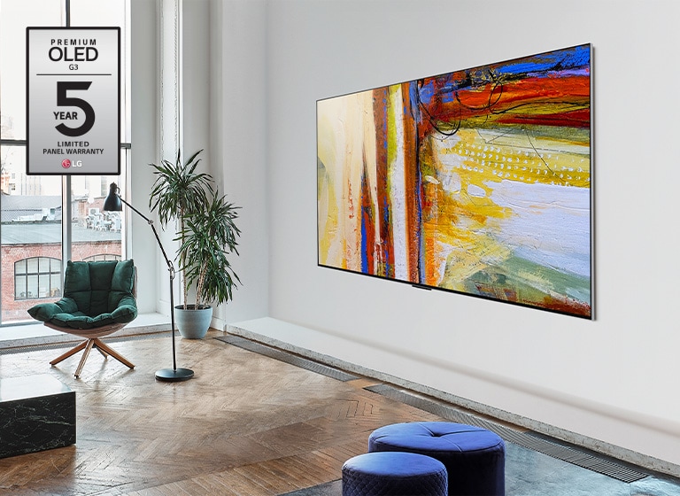 Un’immagine di LG OLED G3 che presenta un’opera d’arte astratta colorata in una stanza luminosa e vivace.