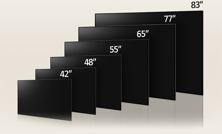 Un'immagine che confronta le diverse dimensioni di LG OLED C3: 42", 48", 55", 65", 77" e 83".
