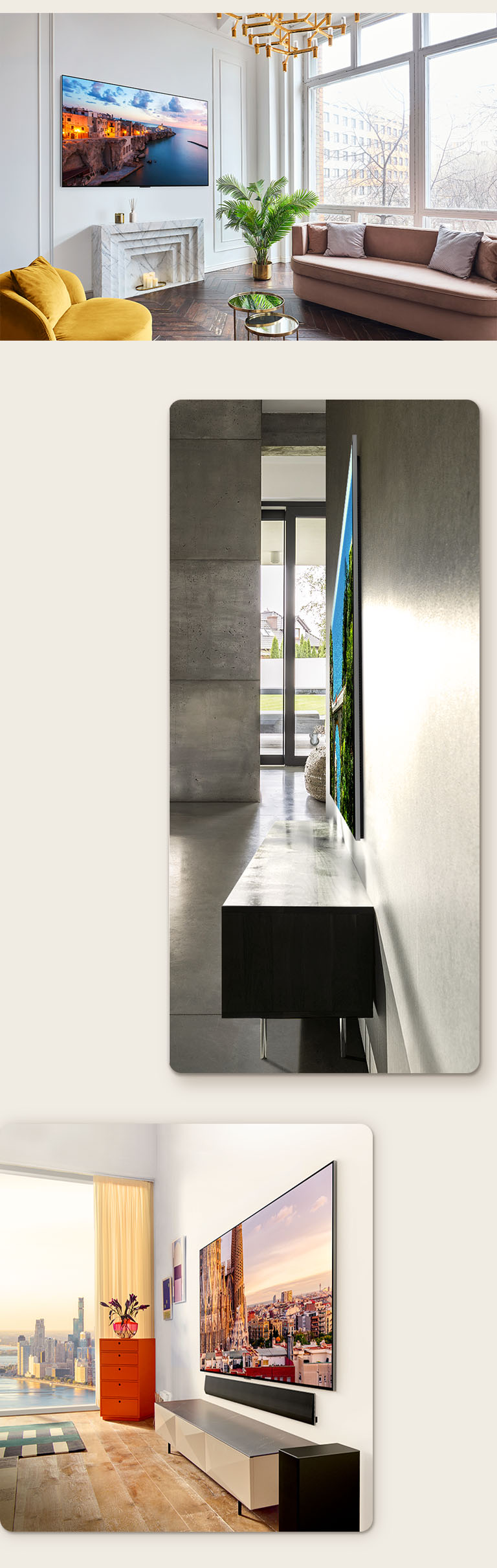 Un'immagine di LG OLED G3 sulla parete di una stanza decorata che presenta il suo One Wall Design. Una vista laterale delle dimensioni incredibilmente sottili di LG OLED G3. Una vista di lato dell'LG OLED G3 sulla parete di un appartamento con vista sulla città e una Soundbar sottostante.