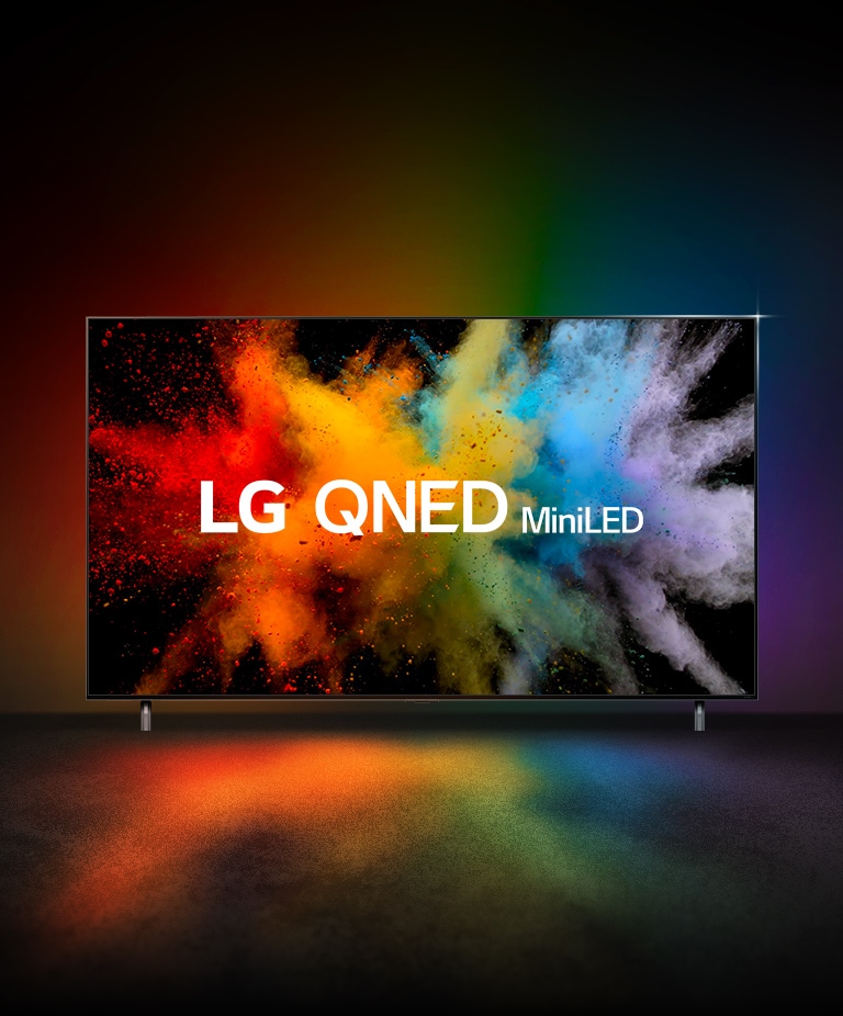 Le animazioni QNED e NanoCell si sovrappongono ed esplodono in polvere colorata. Il logo miniLED LG QNED appare sul TV.