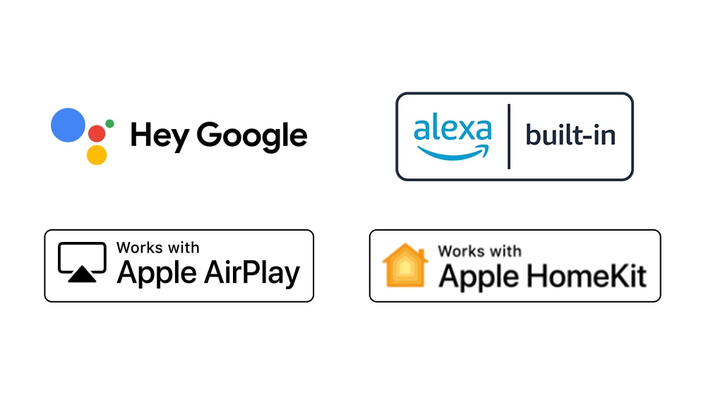 Ci sono quattro loghi spostati in ordine: Hey Google, Alexa integrato, funziona con Apple AirPlay, funziona con Apple HomeKit.