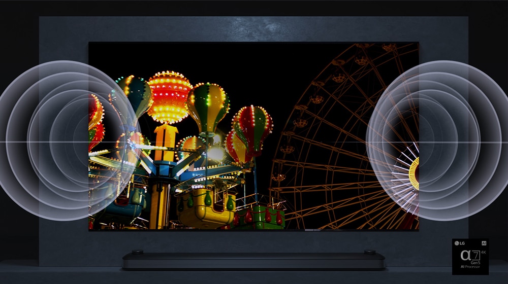 Uno schermo televisivo mostra una ruota panoramica molto luminosa di notte e c'è un effetto visivo del suono sul lato sinistro e destro di un televisore.