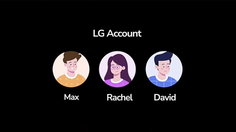 I pittogrammi di tre utenti su account LG: i nomi riportati sotto ogni immagine sono Max, Rachel e David.