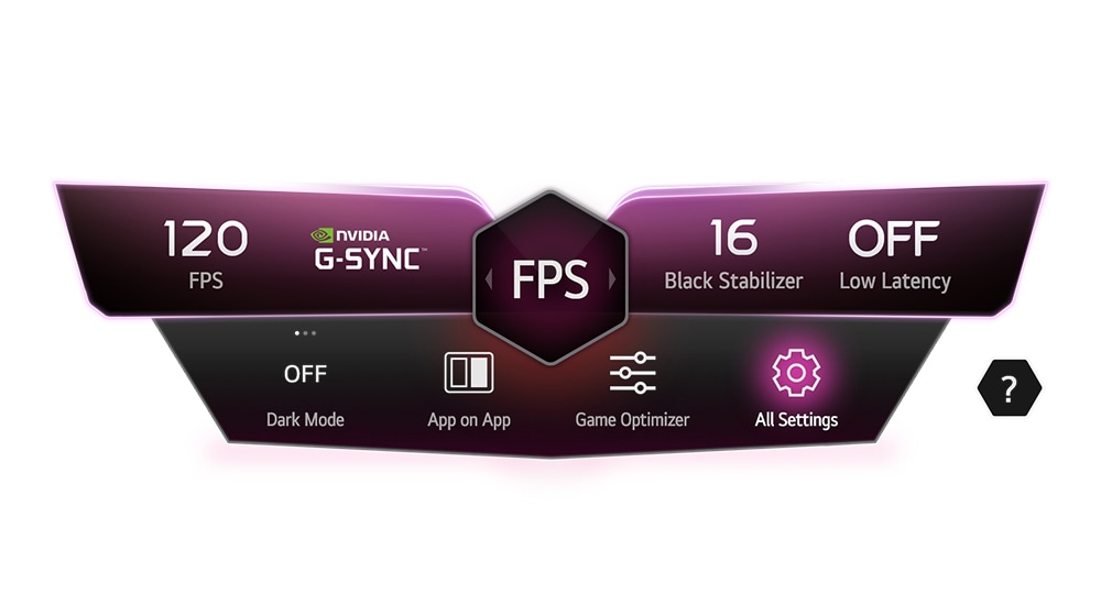 Immagine di una dashboard di gioco: si vedono le icone dello stato del gioco, modalità buio, App on App, Game optimizer, tutte le impostazioni e manuale utente.