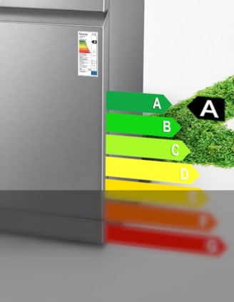 Immagine di una lavastoviglie da cui escono delle barre colorate con le lettere dell'efficienza energetica.