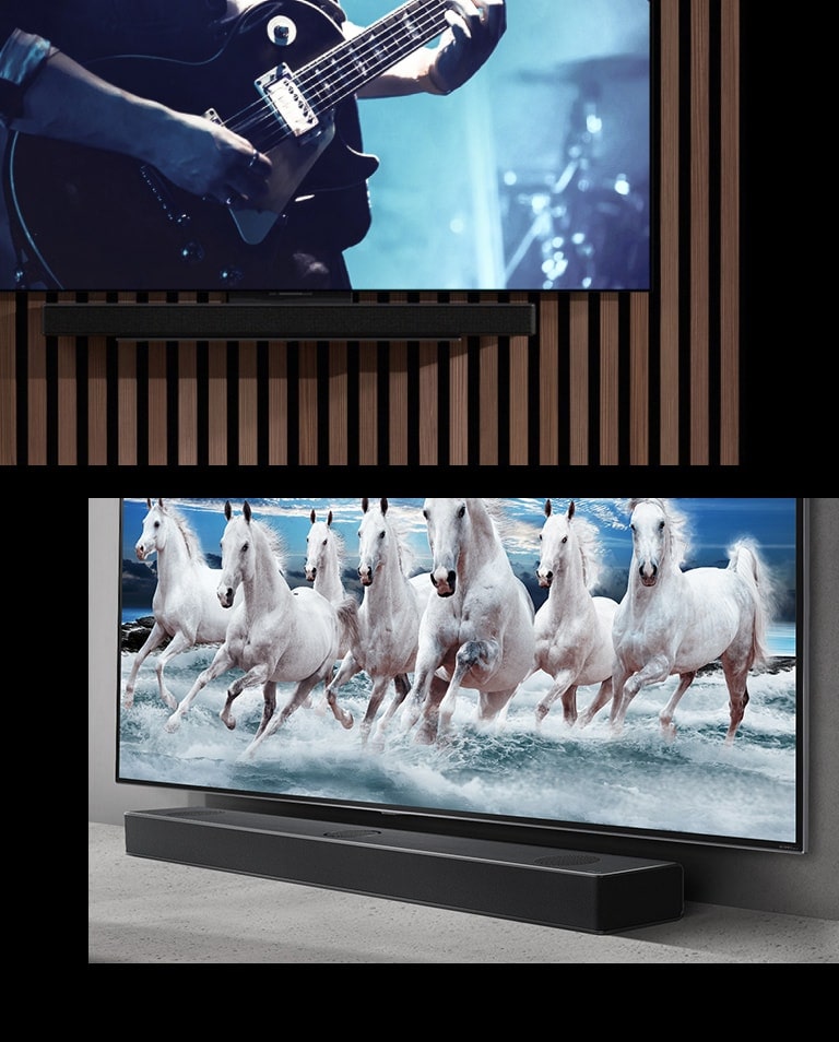 Come immagine di presentazione dell'associazione tra TV e soundbar, l'immagine in alto mostra un TV e una soundbar montati a parete con uno schermo che mostra una scena di un chitarrista che suona sotto una luce blu, mentre in basso, un TV e una soundbar appoggiati su una mensola con uno schermo che mostra l'immagine di un cavallo bianco che corre su una spiaggia blu.