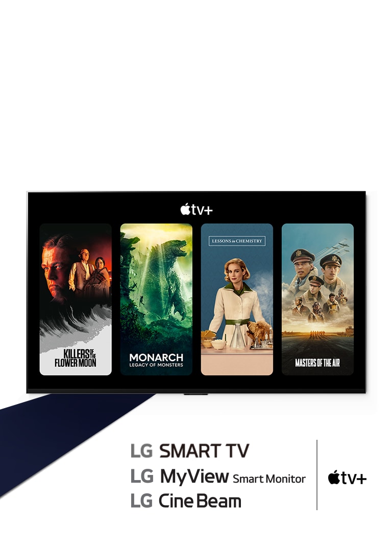  LG OLED TVの画像。Apple TV+のコンテンツが画面に表示されている。見出しには「LG Smart TVならApple TV+が3か月無料」とある。
