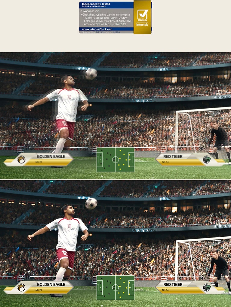 サッカーゲームの同じ画像を、通常のディスプレイと高速応答ディスプレイの両方で表示します。応答時間 0.1 ms のディスプレイの方が明らかにスムーズでよりリアル間があります。