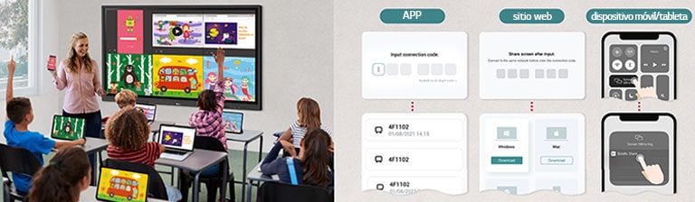 LG CreateBoard puede compartir pantallas fácilmente con múltiples dispositivos en tiempo real a través de la aplicación y el sitio web.