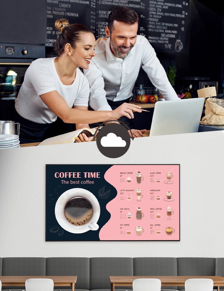 Los administradores de cafeterías están creando menús que se mostrarán en la pantalla instalada en la pared de la cafetería utilizando un software de gestión de contenidos.