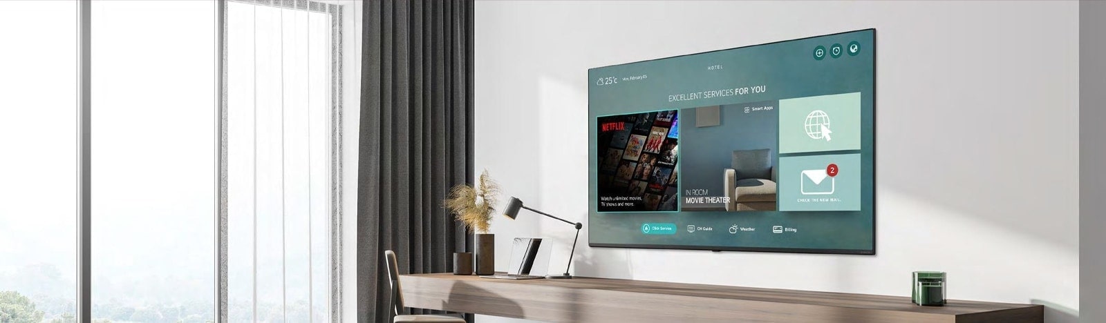 El contenido del hotel, incluida la aplicación Netflix, se muestra en la televisión dentro de la habitación del hotel.