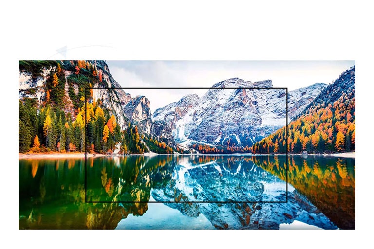 Una pantalla de televisión que capta el escenario de la montaña y el lago se amplía (reproducir el video)