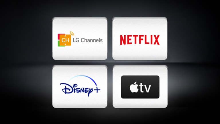 El logotipo de LG Channels, el logotipo de Apple TV, el logotipo de Disney+ y el logotipo de Netflix están dispuestos en fondo negro.