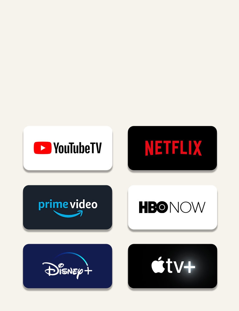 Los logos de los servicios de transmisión están colocados en fila. Desde arriba a la izquierda Netflix, Amazon Prime Video, HBO NOW, YouTubeTV, Disney+. And Apple TV+.