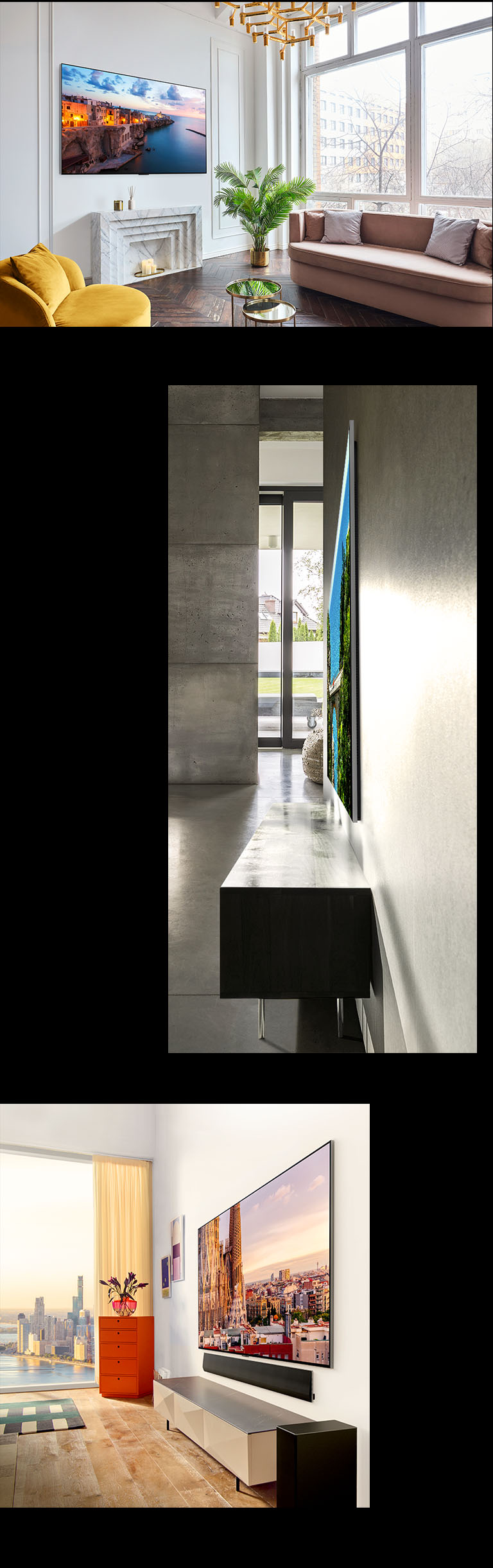 Una imagen de LG OLED G3 en la pared de una sala adornada que muestra su diseño de una pared. Una vista lateral de las dimensiones increíblemente delgadas de LG OLED G3. Una vista en ángulo de LG OLED G3 en la pared de un apartamento con vistas a la ciudad con una barra de sonido a continuación.