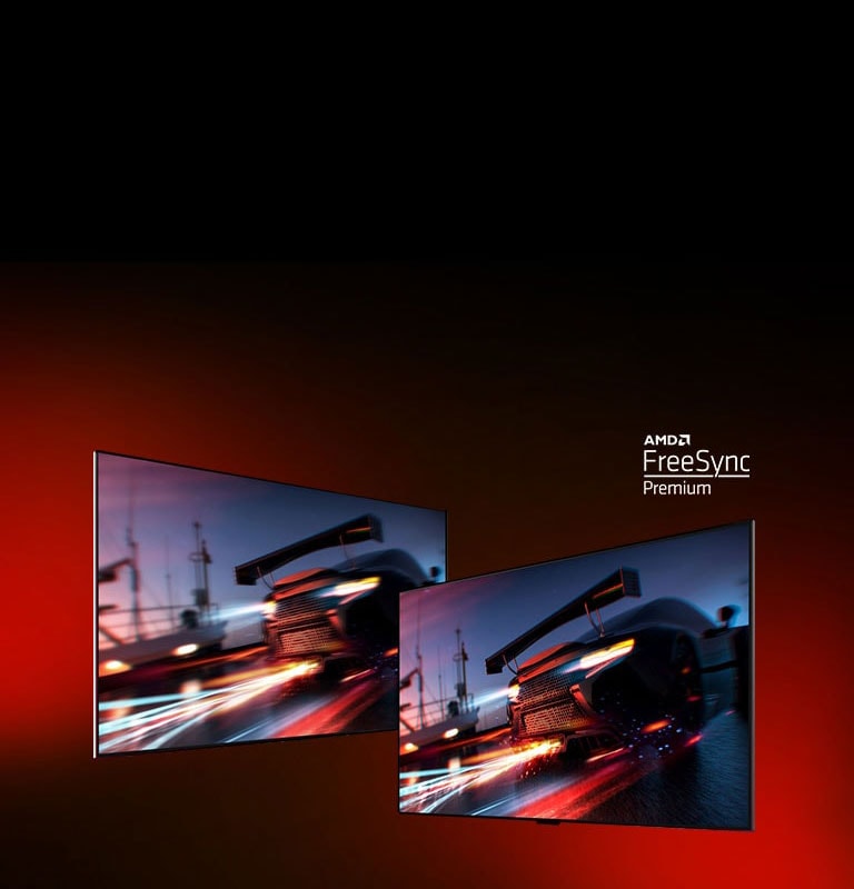 Hay dos televisores: a la izquierda se muestra una escena de un juego de carreras de autos con un auto de carreras. A la derecha también se muestra la misma escena del juego pero con una imagen más clara y brillante. En la esquina superior derecha se muestra el logotipo premium de AMD FreeSync.