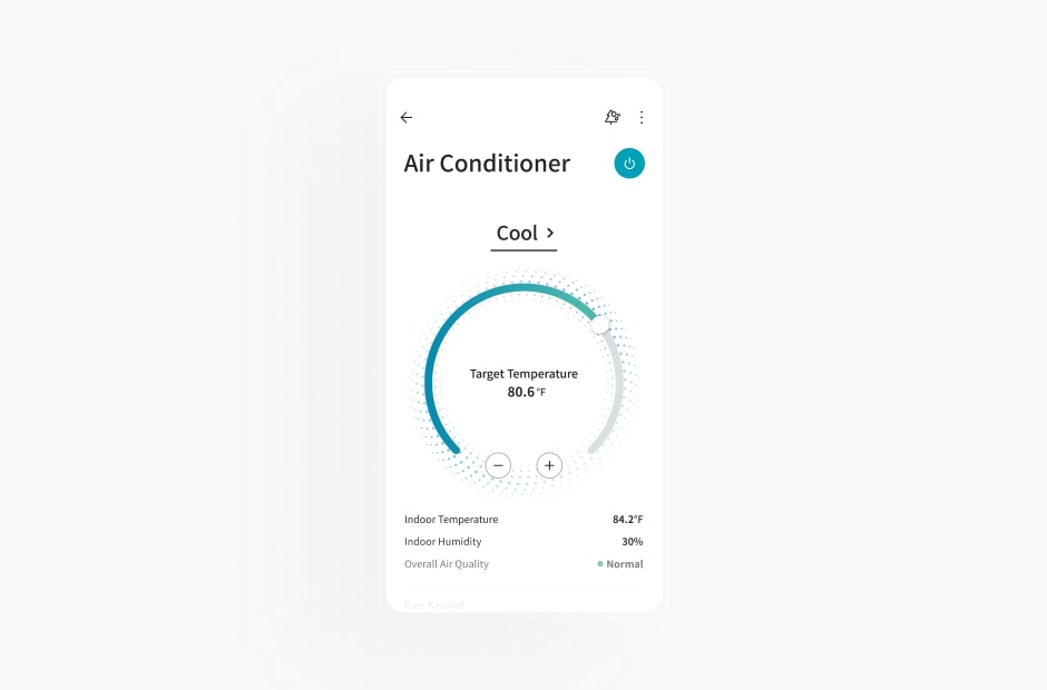 La imagen muestra la pantalla de un aire acondicionado en la aplicación LG ThinQ