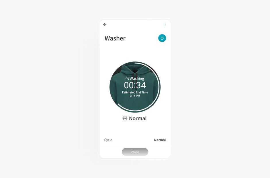 La imagen muestra la pantalla de una lavadora en la aplicación LG ThinQ