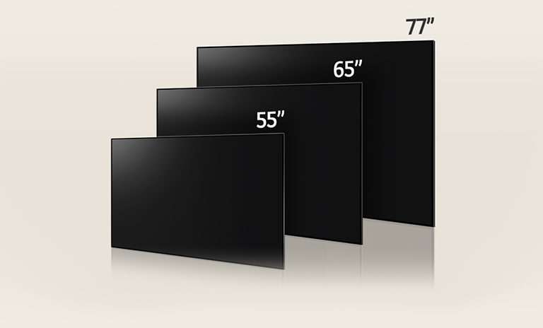 Una imagen que compara los diferentes tamaños de LG OLED G3, mostrando 55", 65" y 77".