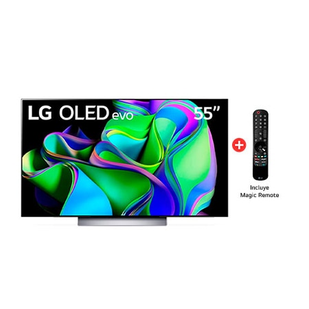 Vista frontal con LG OLED y Emblema 10 Años Marca OLED No.1 en el Mundo en la pantalla, así como la barra de sonido.