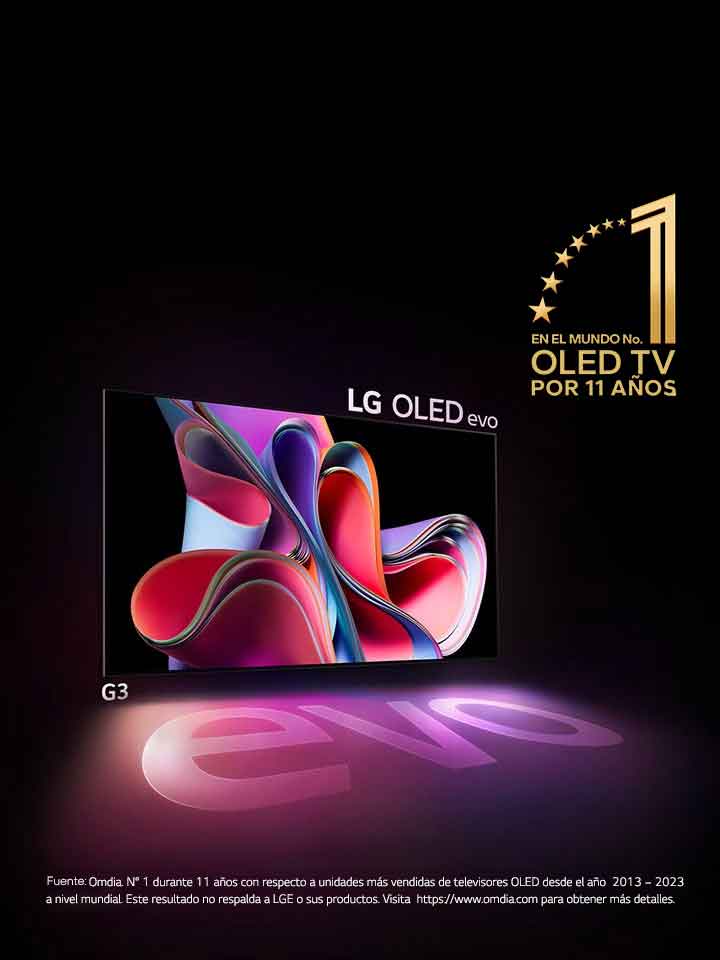 Una imagen de LG OLED G3 sobre un fondo negro que muestra una obra de arte abstracta de color rosa brillante y violeta. La pantalla proyecta una sombra colorida que presenta la palabra evo. El emblema del televisor OLED número uno del mundo por 10 años se encuentra a la izquierda de la imagen.	