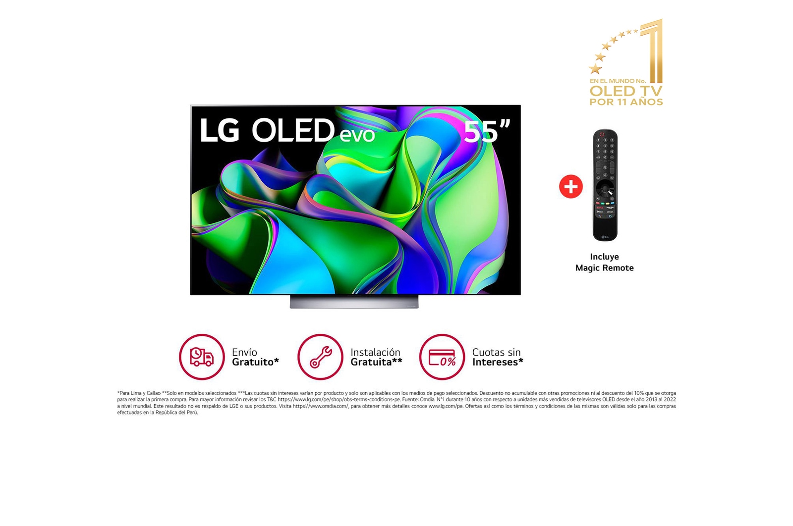 LG  LG OLED evo 55" C3 4K Smart TV con ThinQ AI (Inteligencia Artificial), 4K Procesador Inteligente α9 generación 6 (2023), OLED55C3PSA