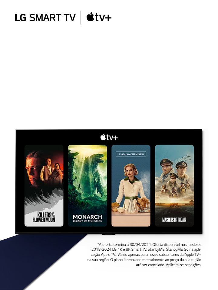 Uma imagem da OLED TV da LG. O conteúdo da Apple TV+ aparece no ecrã e o título é "Ganhe três meses de Apple TV+ grátis com as LG Smart TV".