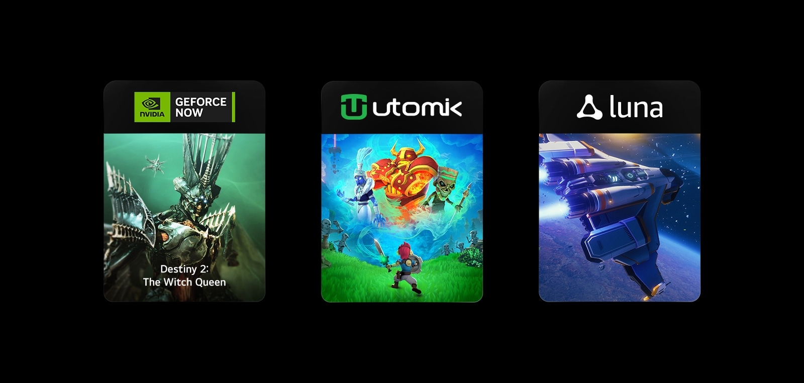  Três blocos de imagens, cada um com o logótipo e imagens do jogo de GeForce NOW, Utomik e Luna.