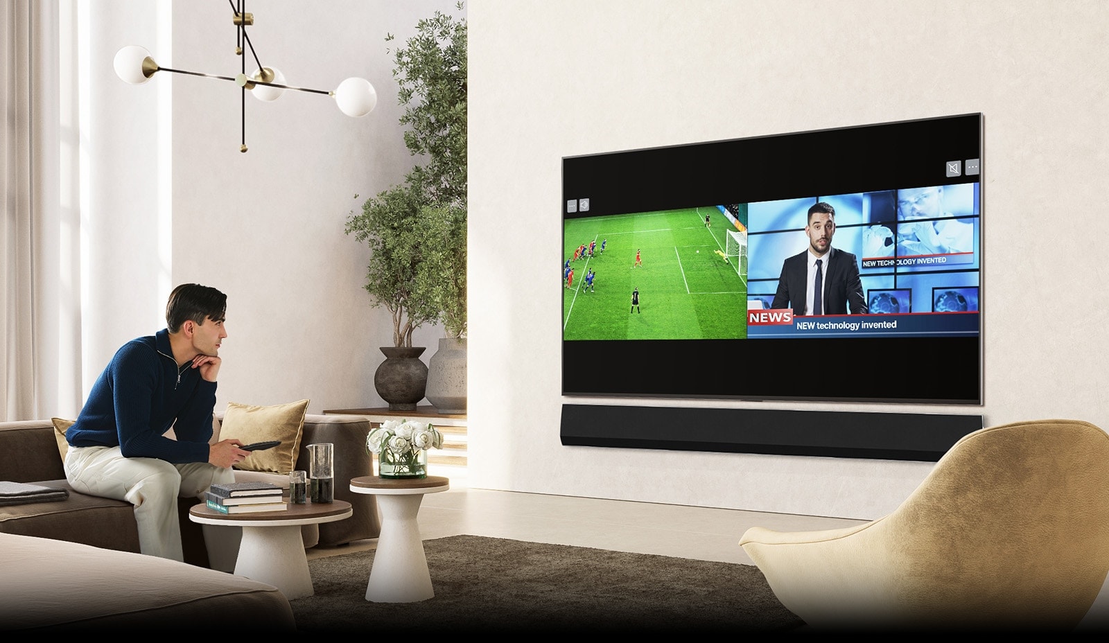  Um homem está sentado num sofá numa sala de estar luxuosa e espaçosa e está a olhar para a TV. O ecrã da TV mostra um ecrã dividido e exibe um jogo de futebol e um programa de notícias.