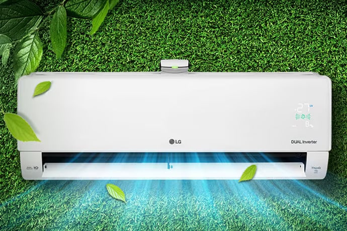 an air conditioner that breathes cool air on green grass