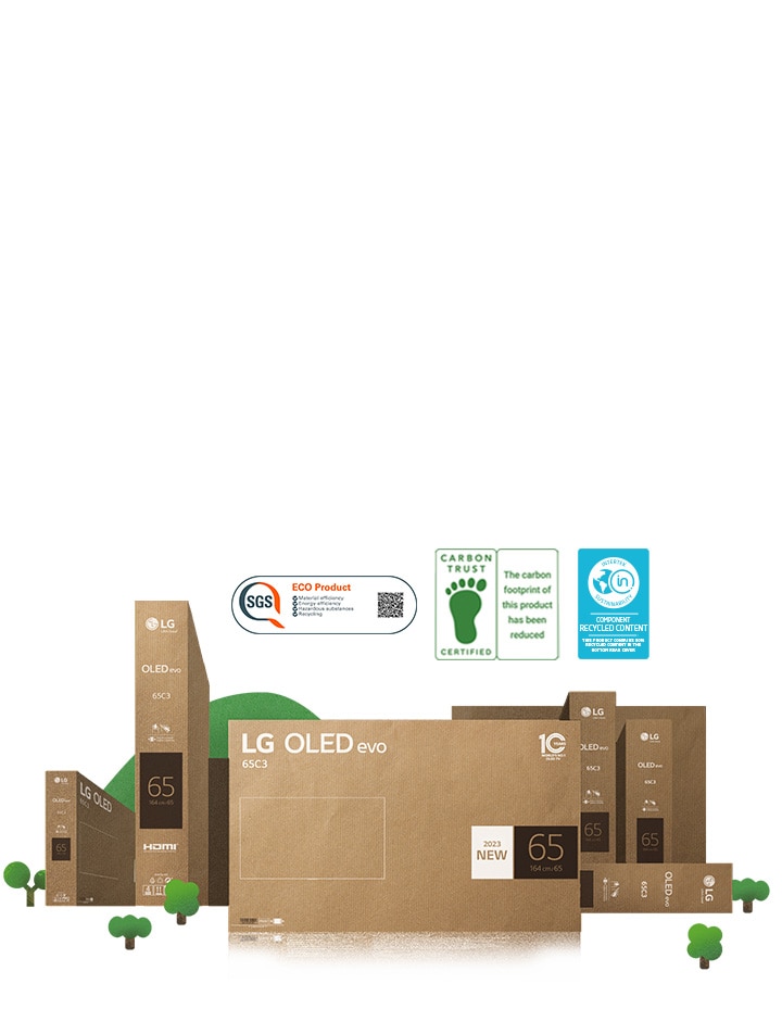 Eco-friendly LG OLED cardboard packaging depicted around thriving trees and mountains.