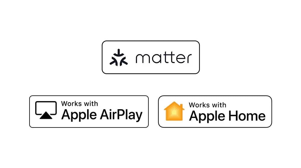 The logo of matter  The logo of works with Apple AirPlay The logo of works with Apple Home