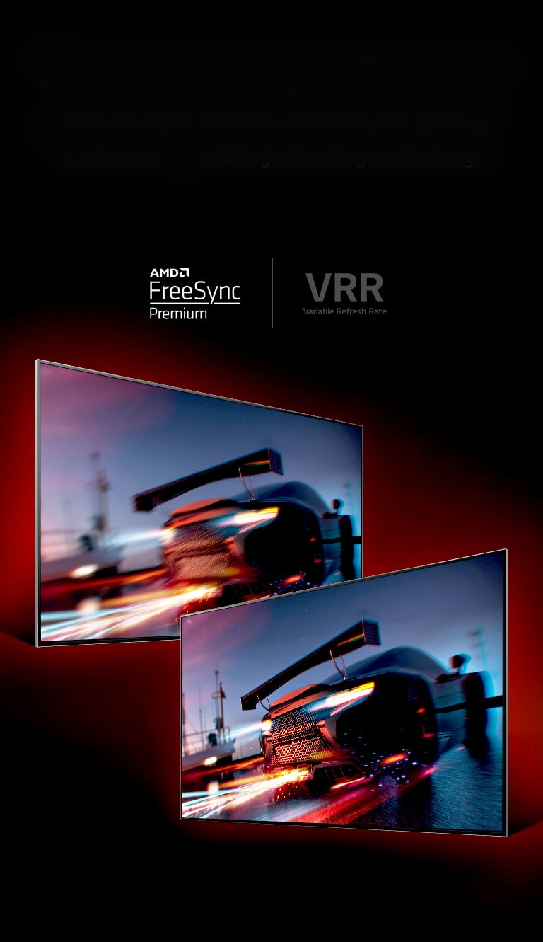 There are two TVs facing opposite. On left TV shows a fast driving racing car that seems quite blurry while on right TV shows a fast driving racing car but very clear.