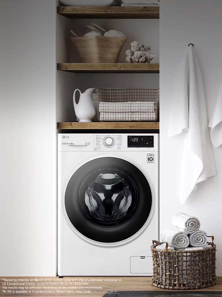 This is an image of a washing machine placed in a laundry room.